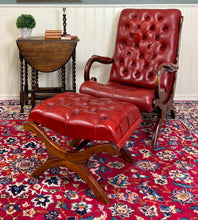 Load image into Gallery viewer, Vintage English Chesterfield Style Tufted Campeche Chair Ottoman Red Leather