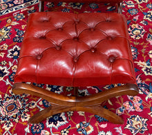 Load image into Gallery viewer, Vintage English Chesterfield Style Tufted Campeche Chair Ottoman Red Leather