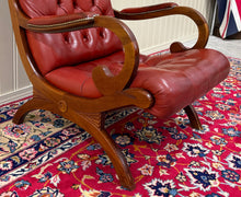 Load image into Gallery viewer, Vintage English Chesterfield Style Tufted Campeche Chair Ottoman Red Leather
