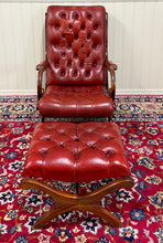 Load image into Gallery viewer, Vintage English Chesterfield Style Tufted Campeche Chair Ottoman Red Leather