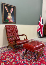 Load image into Gallery viewer, Vintage English Chesterfield Style Tufted Campeche Chair Ottoman Red Leather
