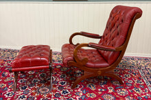 Load image into Gallery viewer, Vintage English Chesterfield Style Tufted Campeche Chair Ottoman Red Leather