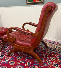 Load image into Gallery viewer, Vintage English Chesterfield Style Tufted Campeche Chair Ottoman Red Leather