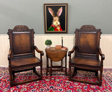 Load image into Gallery viewer, Antique Pair of English Carved Oak Wainscot Highbacked Armchairs c. 1900-1920