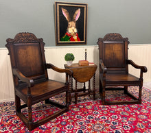 Load image into Gallery viewer, Antique Pair of English Carved Oak Wainscot Highbacked Armchairs c. 1900-1920