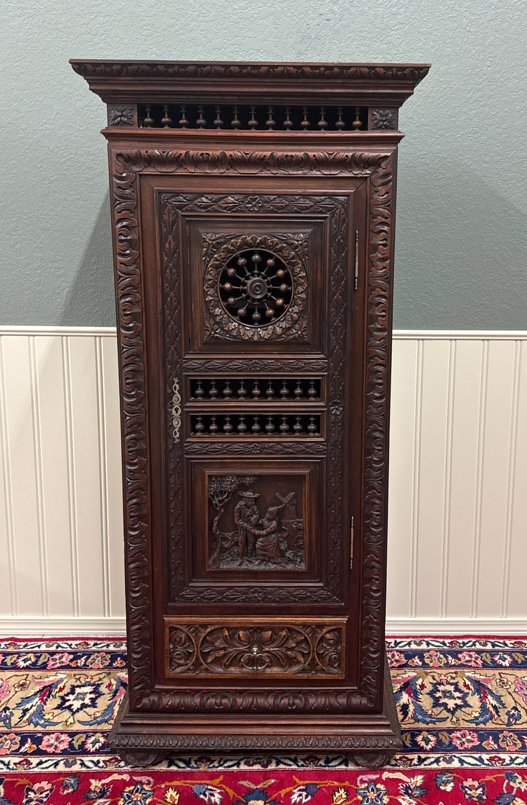 Antique French Breton Armoire Wardrobe Linen Cabinet Drawer Carved Chestnut 19th