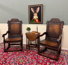 Load image into Gallery viewer, Antique Pair of English Carved Oak Wainscot Highbacked Armchairs c. 1900-1920
