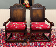 Load image into Gallery viewer, Antique Pair of English Carved Oak Wainscot Highbacked Armchairs c. 1900-1920