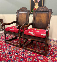 Load image into Gallery viewer, Antique Pair of English Carved Oak Wainscot Highbacked Armchairs c. 1900-1920