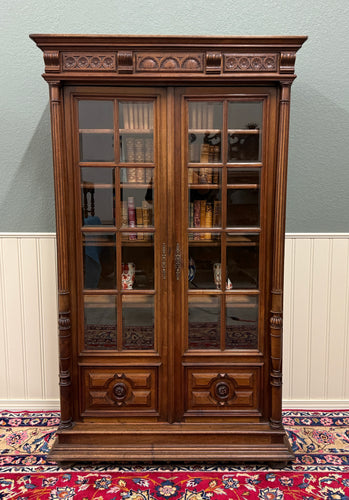 Antique French Henri II Bookcase Cabinet Bookshelf Glass Doors Walnut c. 1930s
