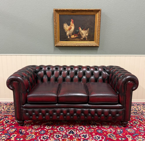 Vintage English Chesterfield Leather Tufted Sofa Oxblood Red Mid Century