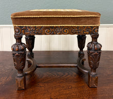 Load image into Gallery viewer, Antique English Jacobean Upholstered Bench Stool Carved Oak c. 1930s