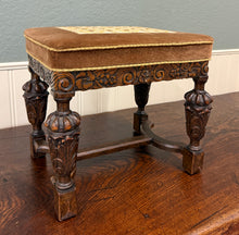 Load image into Gallery viewer, Antique English Jacobean Upholstered Bench Stool Carved Oak c. 1930s