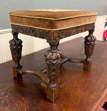 Load image into Gallery viewer, Antique English Jacobean Upholstered Bench Stool Carved Oak c. 1930s