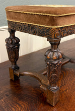 Load image into Gallery viewer, Antique English Jacobean Upholstered Bench Stool Carved Oak c. 1930s