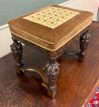 Load image into Gallery viewer, Antique English Jacobean Upholstered Bench Stool Carved Oak c. 1930s