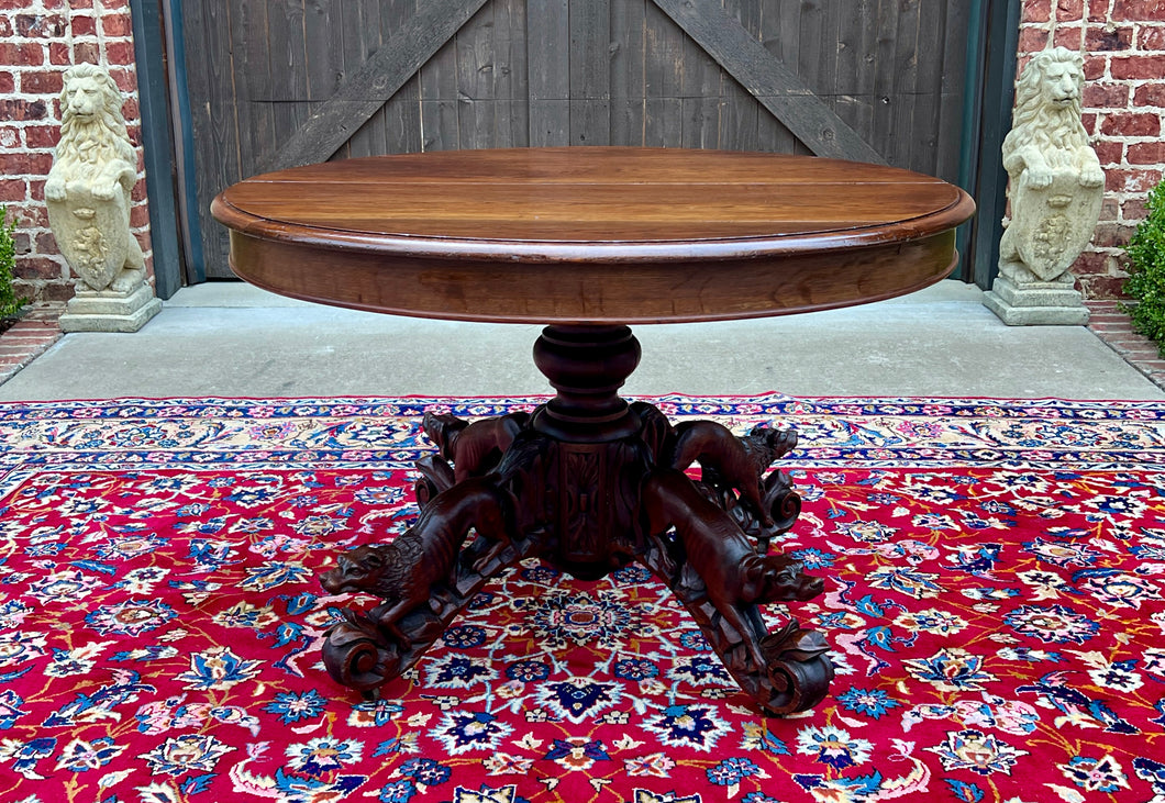 Antique French Round Game Card Dining Table Pedestal Oak HUNT Renaissance 19thC