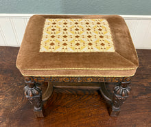 Load image into Gallery viewer, Antique English Jacobean Upholstered Bench Stool Carved Oak c. 1930s