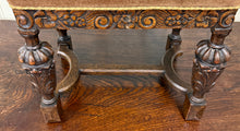 Load image into Gallery viewer, Antique English Jacobean Upholstered Bench Stool Carved Oak c. 1930s