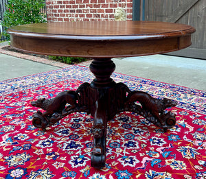 Antique French Round Game Card Dining Table Pedestal Oak HUNT Renaissance 19thC