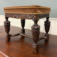 Load image into Gallery viewer, Antique English Jacobean Upholstered Bench Stool Carved Oak c. 1930s