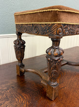 Load image into Gallery viewer, Antique English Jacobean Upholstered Bench Stool Carved Oak c. 1930s