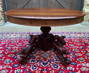 Antique French Round Game Card Dining Table Pedestal Oak HUNT Renaissance 19thC