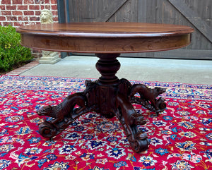 Antique French Round Game Card Dining Table Pedestal Oak HUNT Renaissance 19thC