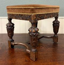 Load image into Gallery viewer, Antique English Jacobean Upholstered Bench Stool Carved Oak c. 1930s