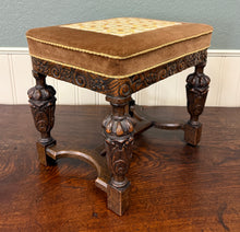 Load image into Gallery viewer, Antique English Jacobean Upholstered Bench Stool Carved Oak c. 1930s