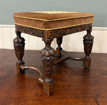 Load image into Gallery viewer, Antique English Jacobean Upholstered Bench Stool Carved Oak c. 1930s