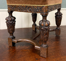 Load image into Gallery viewer, Antique English Jacobean Upholstered Bench Stool Carved Oak c. 1930s