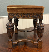 Load image into Gallery viewer, Antique English Jacobean Upholstered Bench Stool Carved Oak c. 1930s