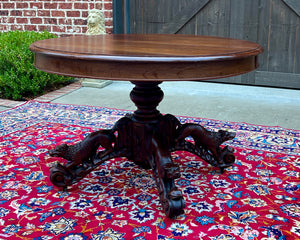 Antique French Round Game Card Dining Table Pedestal Oak HUNT Renaissance 19thC