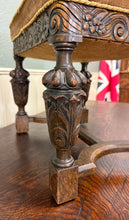 Load image into Gallery viewer, Antique English Jacobean Upholstered Bench Stool Carved Oak c. 1930s