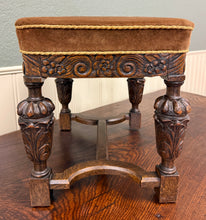 Load image into Gallery viewer, Antique English Jacobean Upholstered Bench Stool Carved Oak c. 1930s
