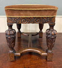 Load image into Gallery viewer, Antique English Jacobean Upholstered Bench Stool Carved Oak c. 1930s