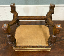 Load image into Gallery viewer, Antique English Jacobean Upholstered Bench Stool Carved Oak c. 1930s