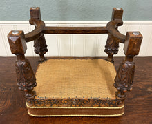 Load image into Gallery viewer, Antique English Jacobean Upholstered Bench Stool Carved Oak c. 1930s