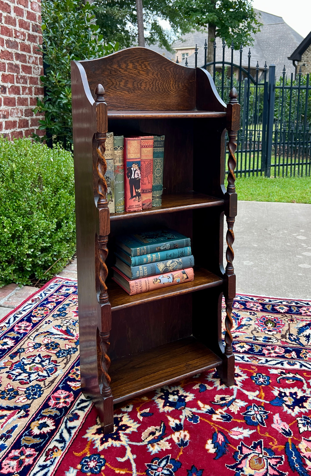 Antique English Bookcase Bookshelf Display Cabinet Oak Barley Twist c1920s