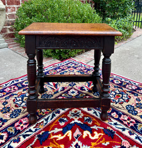 Antique English Footstool Bench Stool Joint Stool Turned Leg Carved Oak c. 1900