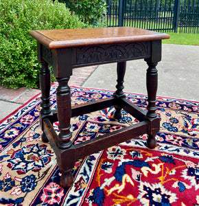 Antique English Footstool Bench Stool Joint Stool Turned Leg Carved Oak c. 1900