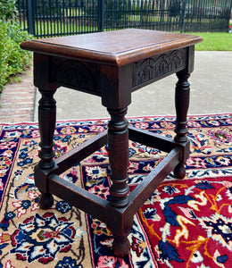 Antique English Footstool Bench Stool Joint Stool Turned Leg Carved Oak c. 1900