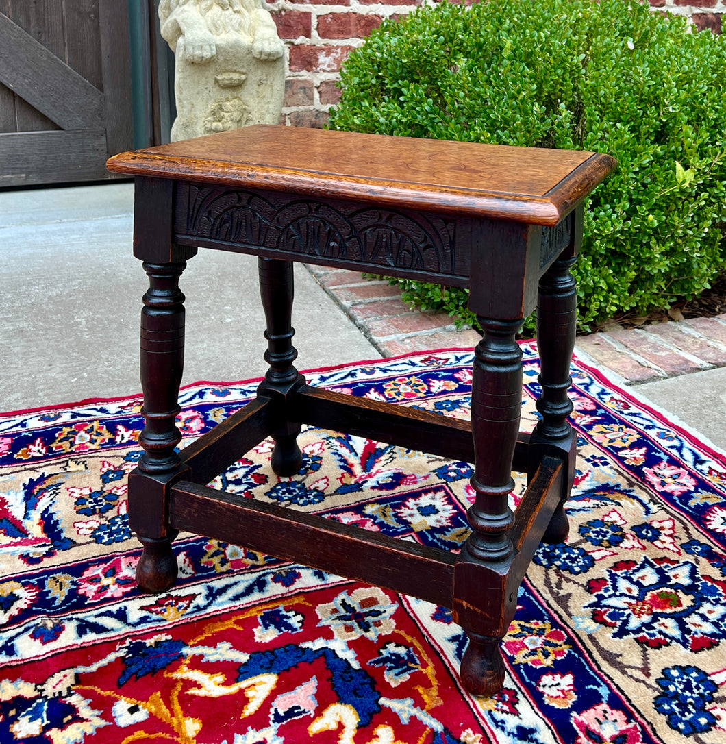 Antique English Footstool Bench Stool Joint Stool Turned Leg Carved Oak c. 1900