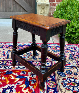 Antique English Footstool Bench Stool Joint Stool Turned Leg Carved Oak c. 1900