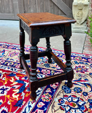 Load image into Gallery viewer, Antique English Footstool Bench Stool Joint Stool Turned Leg Carved Oak c. 1900