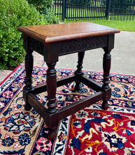 Load image into Gallery viewer, Antique English Footstool Bench Stool Joint Stool Turned Leg Carved Oak c. 1900