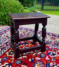 Load image into Gallery viewer, Antique English Footstool Bench Joint Stool Turned Leg Oak Pegged c. 1900