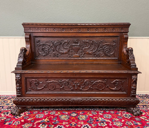 Antique French Entry Bench Settee Trunk Renaissance Revival Dark Walnut c1890s