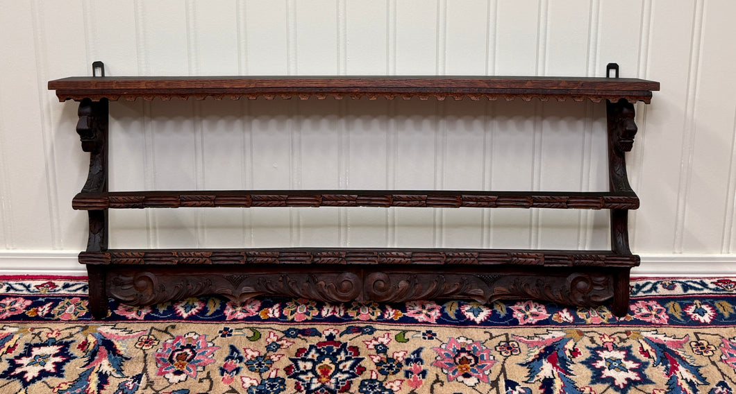 Antique English Carved Oak Plate Rack Lions Wall Shelf